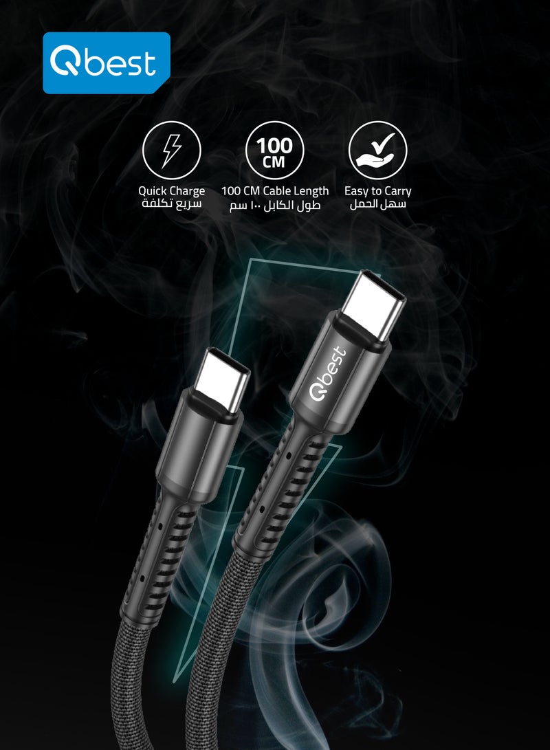 Qbest 30W Nylon USB Type C to Type C Data Cable 1M - High-Speed Data Transfer, Quick Charge, Durable Design - Made with Nylon & Tinned Copper - Black - Image 5
