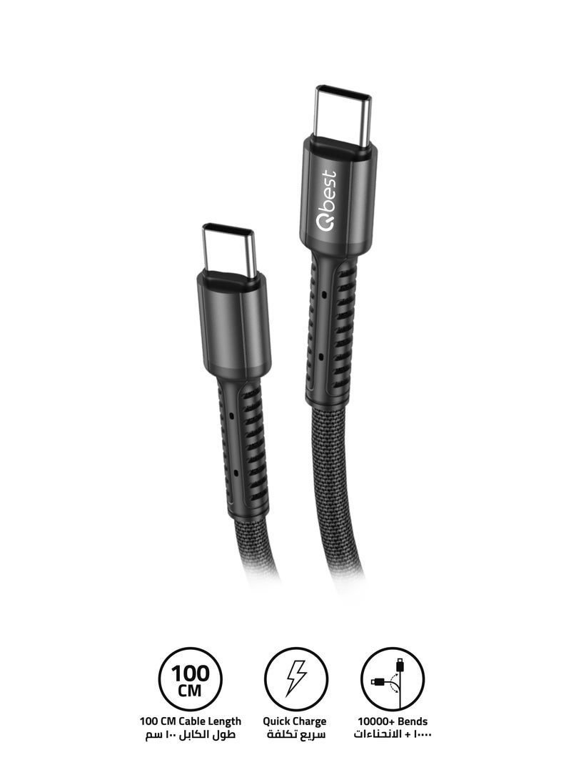 Qbest 30W Nylon USB Type C to Type C Data Cable 1M - High-Speed Data Transfer, Quick Charge, Durable Design - Made with Nylon & Tinned Copper - Black - Image 1