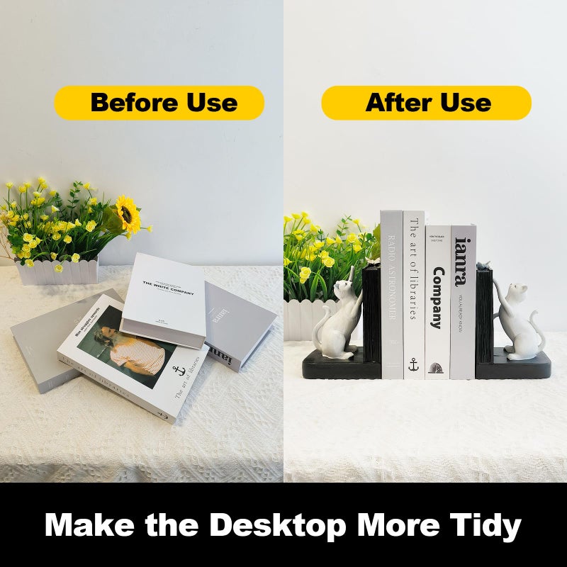LIFFY Decorative Bookends  Heavy Duty Resin Cat Bookends  Non-Skid Bookshelf Stopper  Cute Cat Figures for Shelves  Study  Office Desk (White  1 Piece) - Image 2