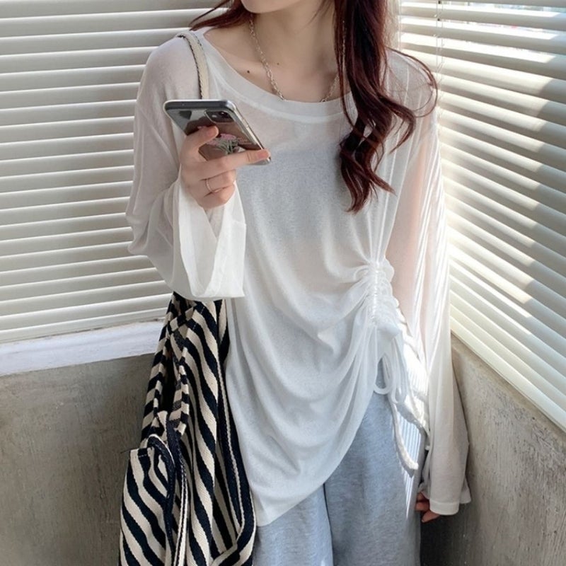Generic Sun-protective Shirt Womens Thin 2024 Summer New Loose Drawstring Ice Silk Long-sleeved T-shirt Cover Beach Shirt Knitted Top Black - Image 2