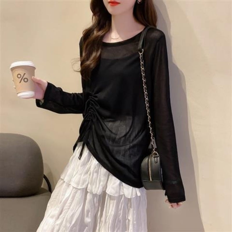 Generic Sun-protective Shirt Womens Thin 2024 Summer New Loose Drawstring Ice Silk Long-sleeved T-shirt Cover Beach Shirt Knitted Top Black - Image 1