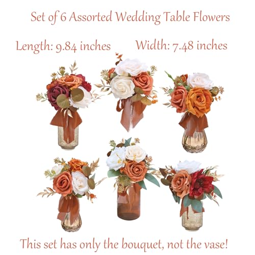 Marriwise Set of 6 Assorted Wedding Flower Centerpieces Pre-Made Mini Bridesmaid Bouquets Artificial Flower Terracotta Table Decor for Fall Wedding Decorations Shower Home Decor - Image 2