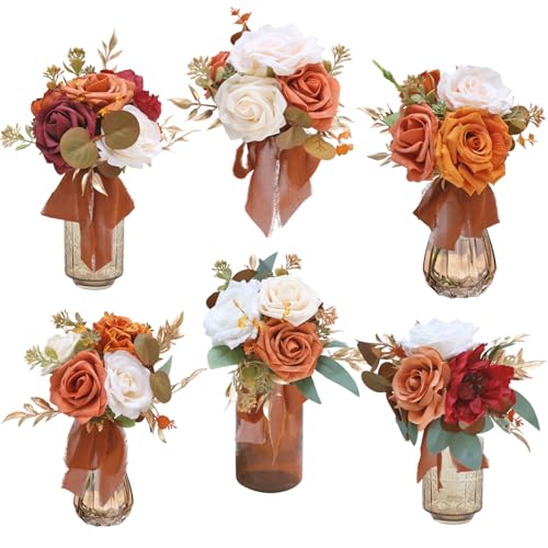Marriwise Set of 6 Assorted Wedding Flower Centerpieces Pre-Made Mini Bridesmaid Bouquets Artificial Flower Terracotta Table Decor for Fall Wedding Decorations Shower Home Decor - Image 1