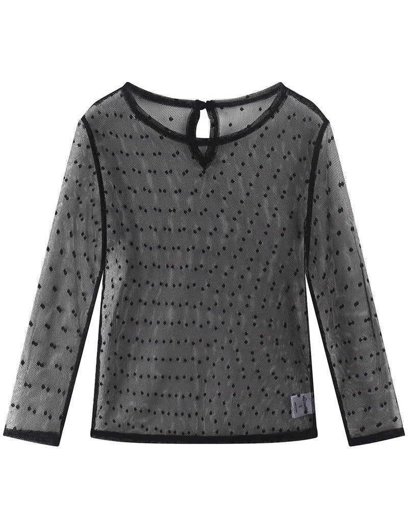 Noomelfish Girls Lace Long Sleeve Layering Tops Sheer Mesh Tee Shirts Blouse, Dot Black, Size 7-8 Years - Image 1