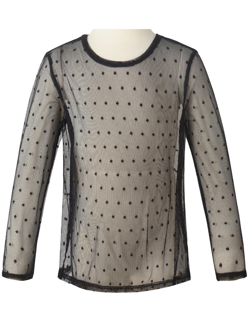 Noomelfish Girls Lace Long Sleeve Layering Tops Sheer Mesh Tee Shirts Blouse, Dot Black, Size 7-8 Years - Image 3