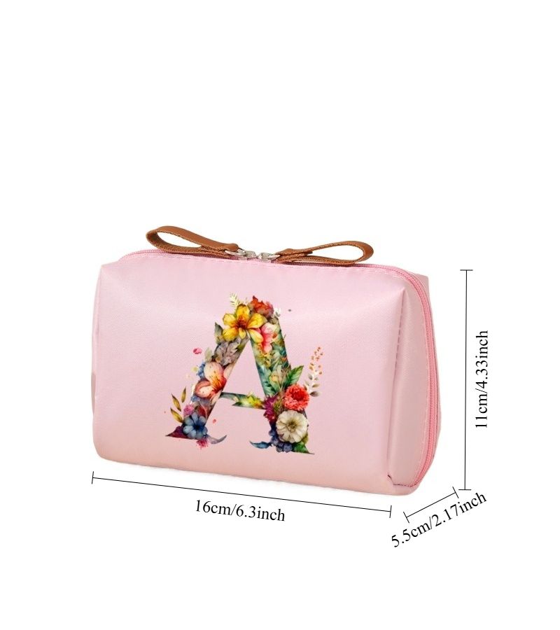 Green Floral Letter Pattern Mini Makeup Travel Bag For Women - Image 3