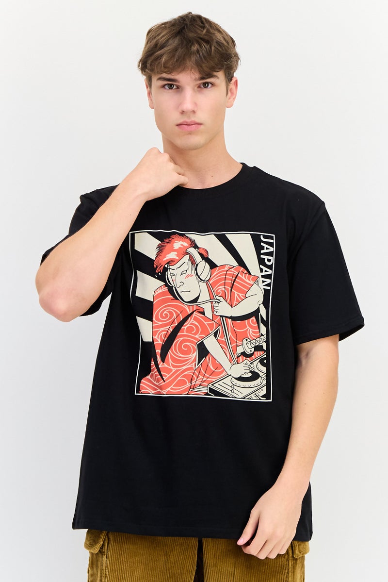 YOTO تي شيرت رجالي بأكمام قصيرة وياقة دائرية، مطبوع برسومات، أسود - Image 1