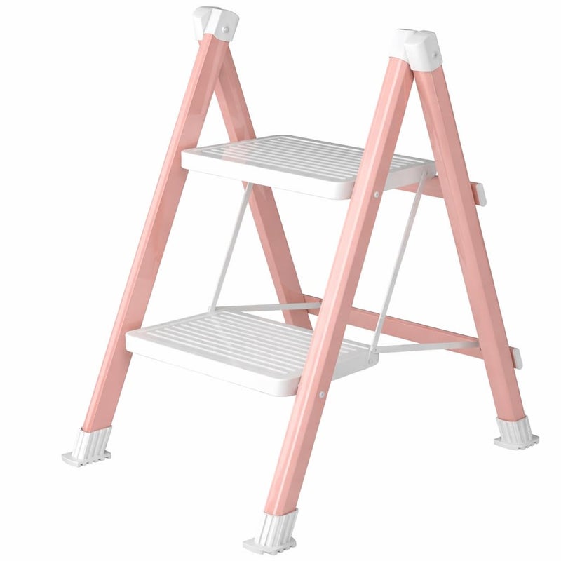DIAMONDFORGE 2 Step Ladder, Folding Step Stool & Collapsible Stool for Kitchen, 330lbs Capacity with Wide Anti-Slip Pedal & Feet, Sturdy Steel Step Ladder for Home and Office, Pink & White - Image 1