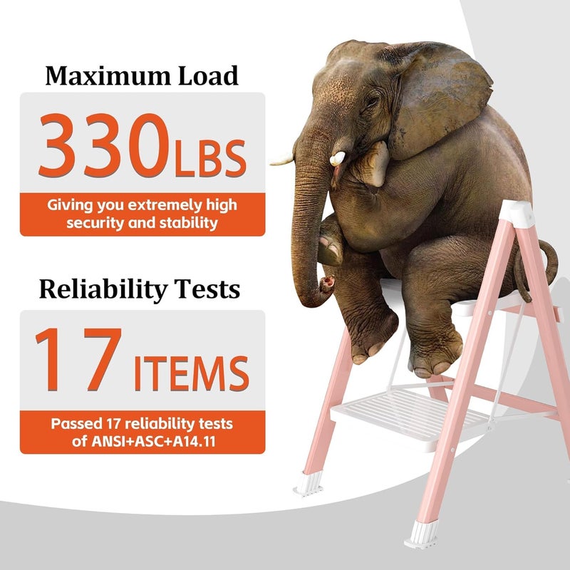 DIAMONDFORGE 2 Step Ladder, Folding Step Stool & Collapsible Stool for Kitchen, 330lbs Capacity with Wide Anti-Slip Pedal & Feet, Sturdy Steel Step Ladder for Home and Office, Pink & White - Image 2