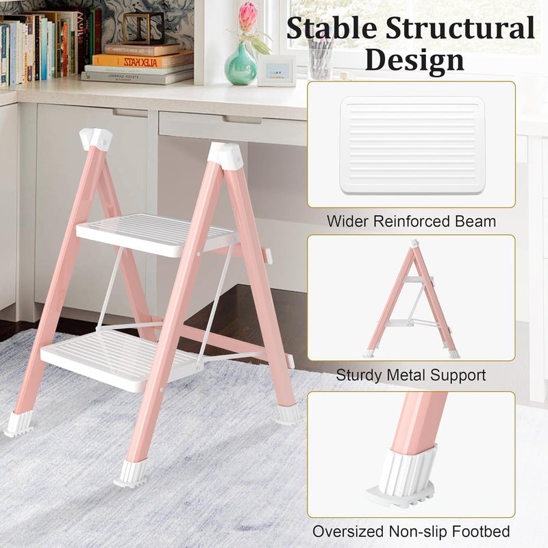 DIAMONDFORGE 2 Step Ladder, Folding Step Stool & Collapsible Stool for Kitchen, 330lbs Capacity with Wide Anti-Slip Pedal & Feet, Sturdy Steel Step Ladder for Home and Office, Pink & White - Image 5
