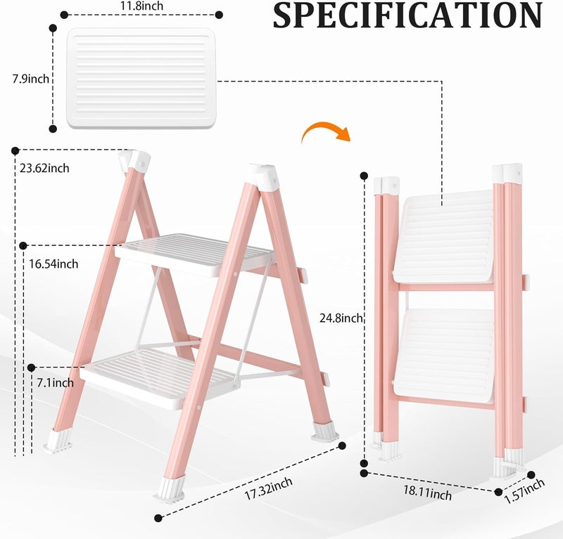 DIAMONDFORGE 2 Step Ladder, Folding Step Stool & Collapsible Stool for Kitchen, 330lbs Capacity with Wide Anti-Slip Pedal & Feet, Sturdy Steel Step Ladder for Home and Office, Pink & White - Image 4
