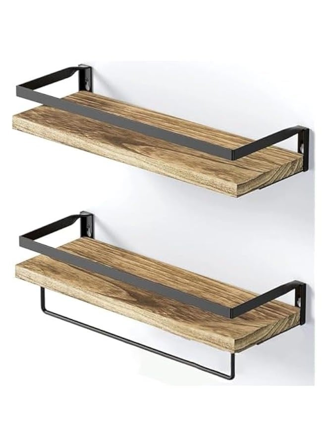 TRASSLE Floating Shelves, Wall Mounted Shelf with Metal Frame and Towel Bar, Rustic Wood Wall Shelves for Bedroom Living Room Bathroom Kitchen Office, Set of 2  - Image 1
