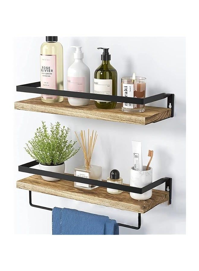 TRASSLE Floating Shelves, Wall Mounted Shelf with Metal Frame and Towel Bar, Rustic Wood Wall Shelves for Bedroom Living Room Bathroom Kitchen Office, Set of 2  - Image 3