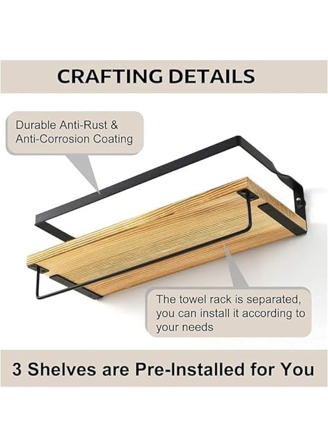 TRASSLE Floating Shelves, Wall Mounted Shelf with Metal Frame and Towel Bar, Rustic Wood Wall Shelves for Bedroom Living Room Bathroom Kitchen Office, Set of 2  - Image 4