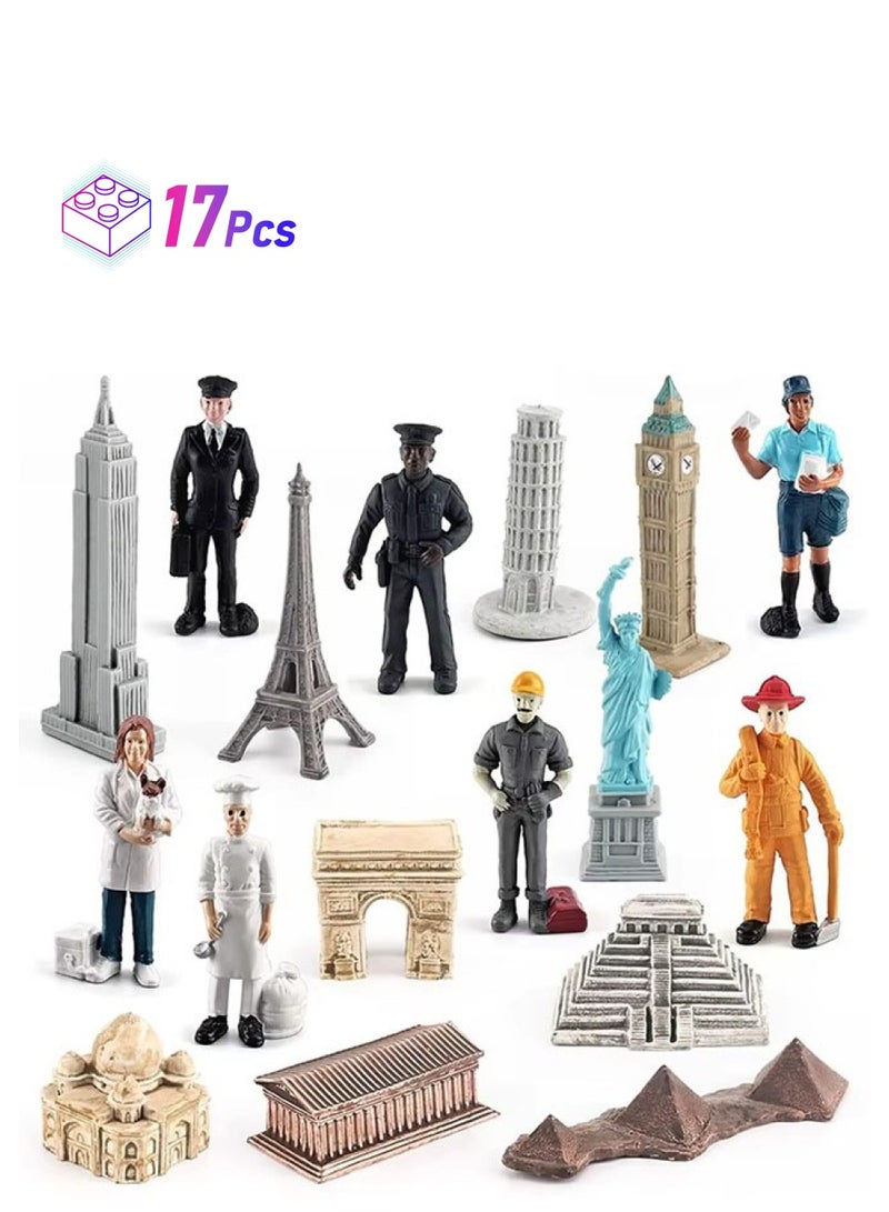 إسكدنيا مجموعة نماذج مباني المدن المصغرة حول العالم 10 قطع مع 7 تماثيل أشخاص، مجموعة ألعاب هدايا نماذج مباني المدن المصغرة (إجمالي 17 قطعة) - Image 1