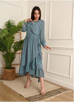 FULL JOY Dot chiffon midi wrap dress with long sleeves, Cyan  - Image 1