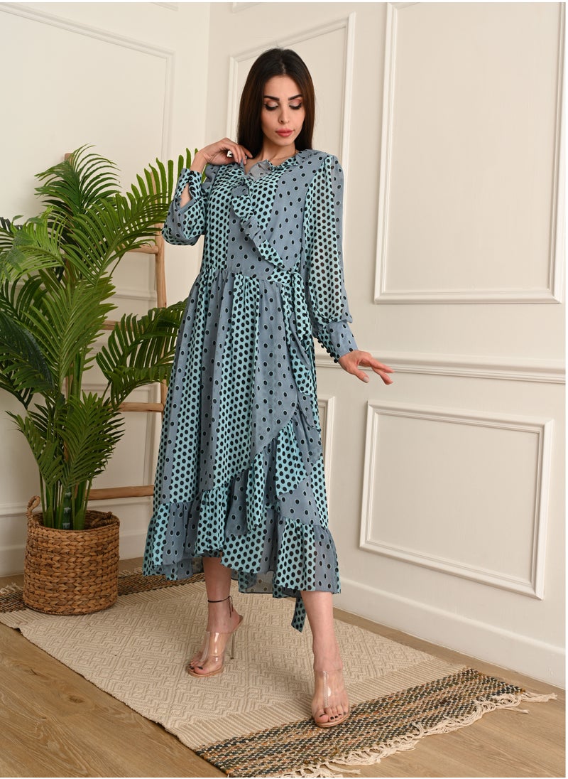 FULL JOY Dot chiffon midi wrap dress with long sleeves, Cyan  - Image 1