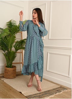FULL JOY Dot chiffon midi wrap dress with long sleeves, Cyan  - Image 4
