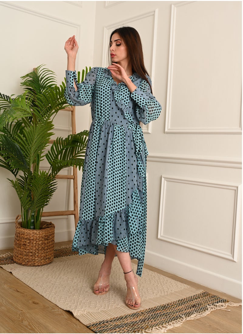 FULL JOY Dot chiffon midi wrap dress with long sleeves, Cyan  - Image 4