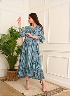 FULL JOY Dot chiffon midi wrap dress with long sleeves, Cyan  - Image 2