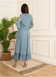 FULL JOY Dot chiffon midi wrap dress with long sleeves, Cyan  - Image 5