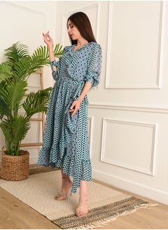 FULL JOY Dot chiffon midi wrap dress with long sleeves, Cyan  - Image 3