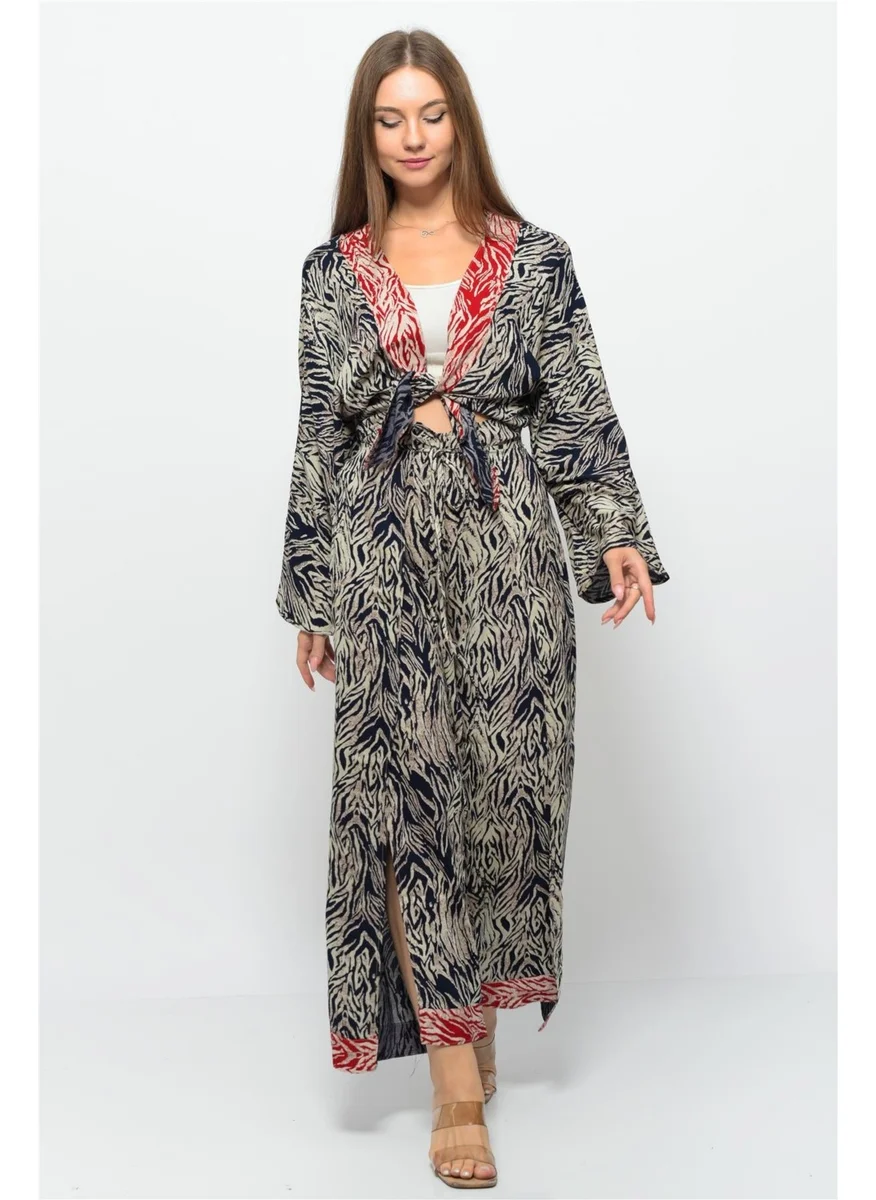 Nuseel Patterned Pareo Trousers & Crop Kimono Navy Blue Cream