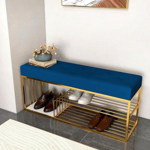 Skafa Metal End of Bed Bench-Upholstered Entry Shoe Storage with Nailhead Trim,Black Mental Frame Ottoman Bench for Bedroom Entry Window Mudroom Living Room (Blue) - Image 2
