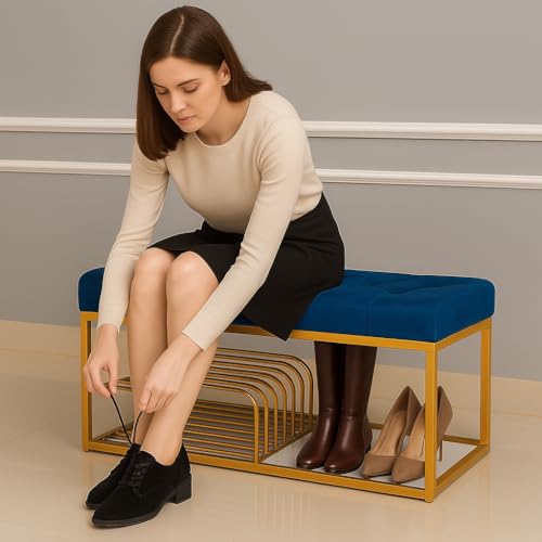 Skafa Metal End of Bed Bench-Upholstered Entry Shoe Storage with Nailhead Trim,Black Mental Frame Ottoman Bench for Bedroom Entry Window Mudroom Living Room (Blue) - Image 1