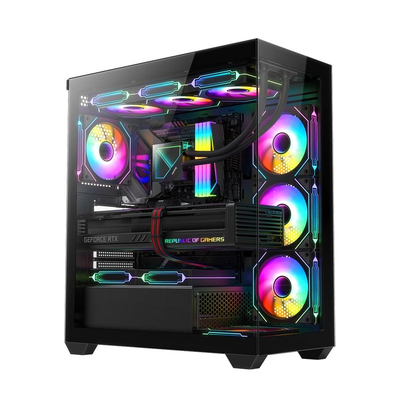 RUIX OV603 ATX Mid-Tower PC Case, Spacious High-Airflow Gaming Case with 4 x 120mm PWM ARGB Fans, USB 3.0 & Type-C Ports, Tempered Glass, Large Capacity Computer Case - Black - Image 1