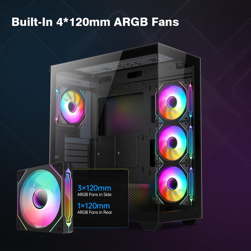 RUIX OV603 ATX Mid-Tower PC Case, Spacious High-Airflow Gaming Case with 4 x 120mm PWM ARGB Fans, USB 3.0 & Type-C Ports, Tempered Glass, Large Capacity Computer Case - Black - Image 5