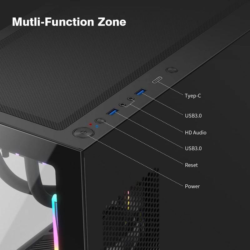 RUIX OV603 ATX Mid-Tower PC Case, Spacious High-Airflow Gaming Case with 4 x 120mm PWM ARGB Fans, USB 3.0 & Type-C Ports, Tempered Glass, Large Capacity Computer Case - Black - Image 3