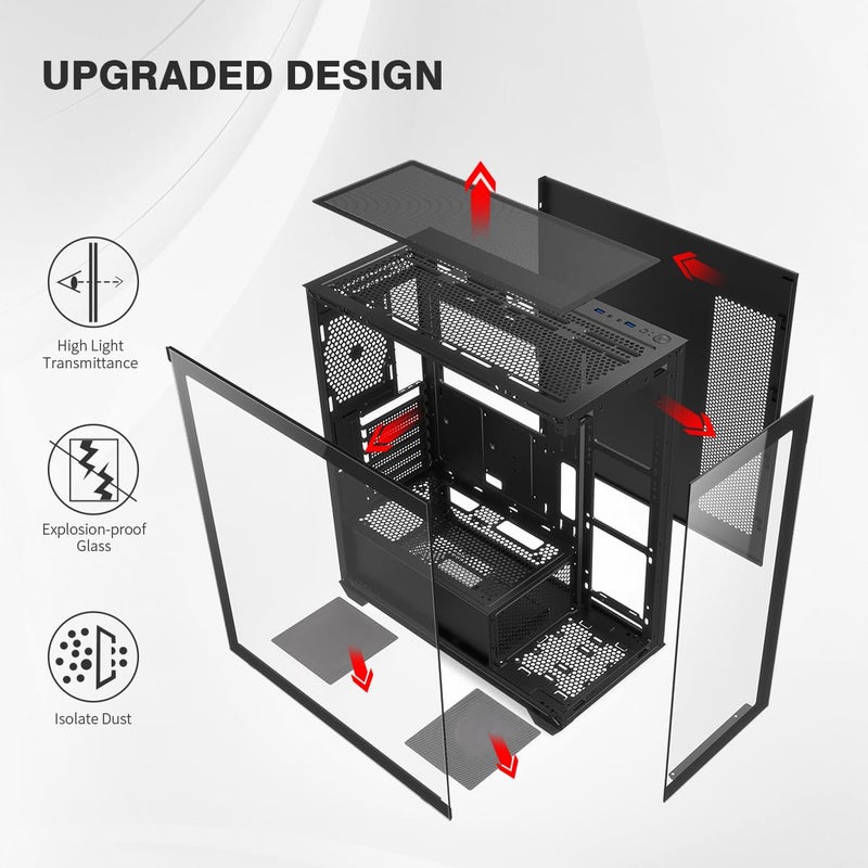 RUIX OV603 ATX Mid-Tower PC Case, Spacious High-Airflow Gaming Case with 4 x 120mm PWM ARGB Fans, USB 3.0 & Type-C Ports, Tempered Glass, Large Capacity Computer Case - Black - Image 2