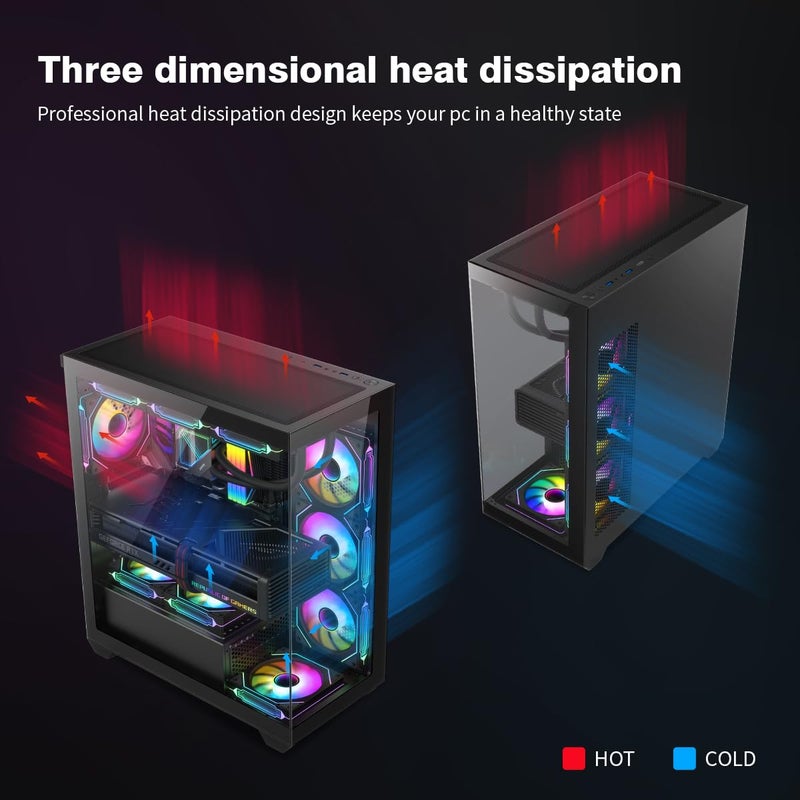 RUIX OV603 ATX Mid-Tower PC Case, Spacious High-Airflow Gaming Case with 4 x 120mm PWM ARGB Fans, USB 3.0 & Type-C Ports, Tempered Glass, Large Capacity Computer Case - Black - Image 4