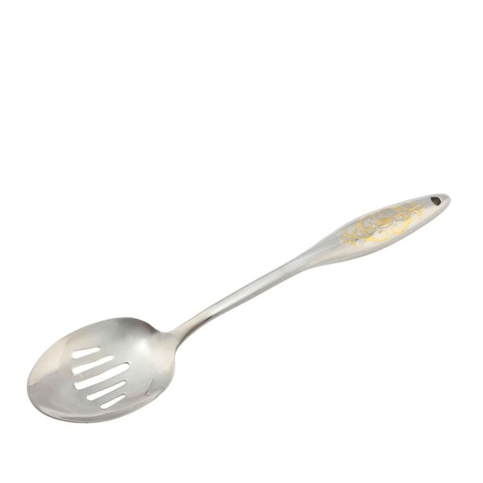 السيف هوم ملعقة طبخ مثقبة مقاس كبير، مقاومة للحرارة، تصميم عصري – فضي مع لمسات ذهبية