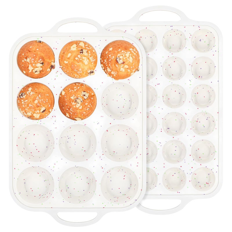 Fimary Silicone Muffin Pan with Metal Reinforced Frame - 12-Cup Muffin Pan & 24-Cup Mini Muffin Pan for Homemade Muffins, Cupcakes, and Bread, Oven and Dishwasher Safe - Set of 2, Rainbow Dots - Image 1