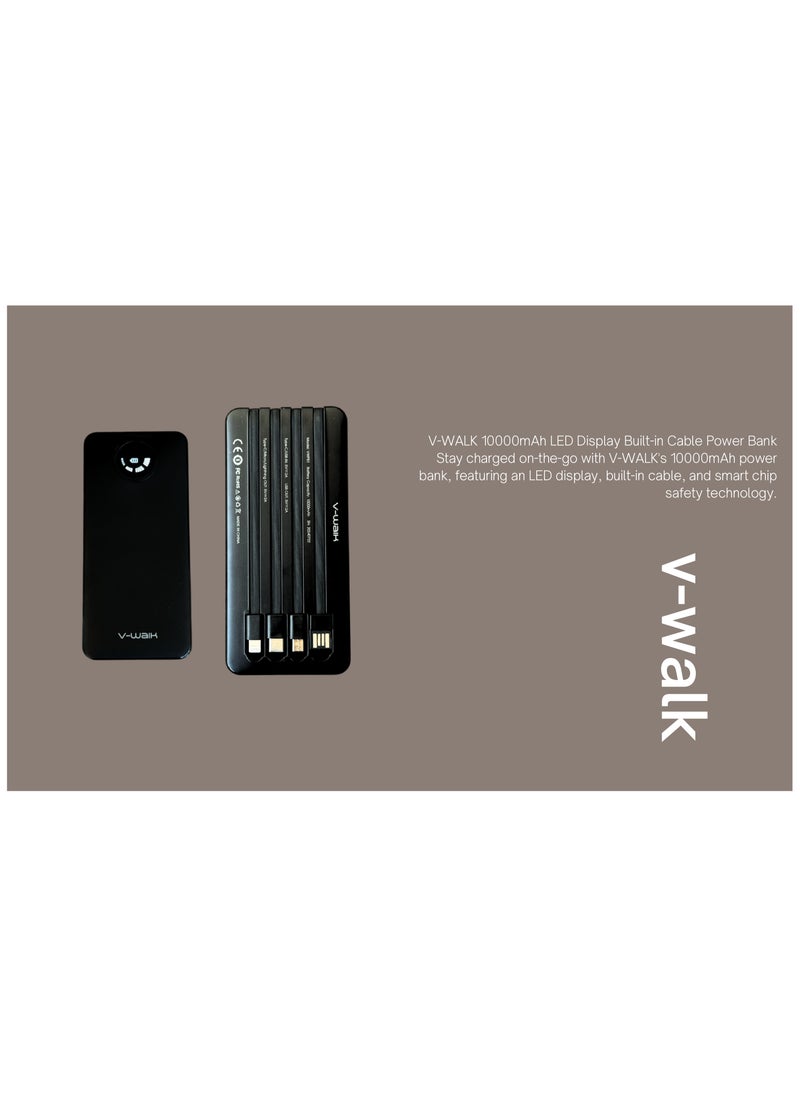 V-Walk - LED Display Built-in Cable, 10,000mAh Ultra Slim USB C Power Bank, 4 Output, LED Display External Battery Pack Phone Charger Compatible with iPhone, Samsung Cell Phones - Image 1