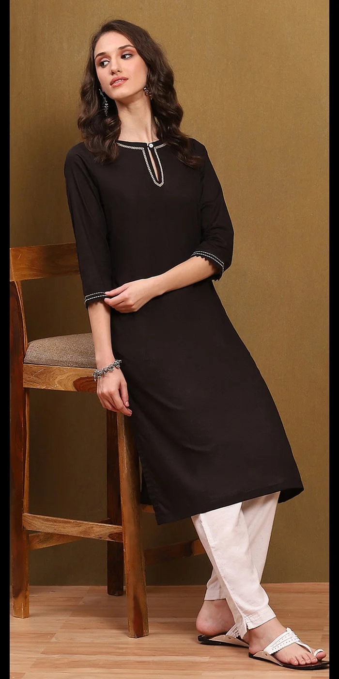 بيبا مزيج قطن أسود كرتا مستقيمة