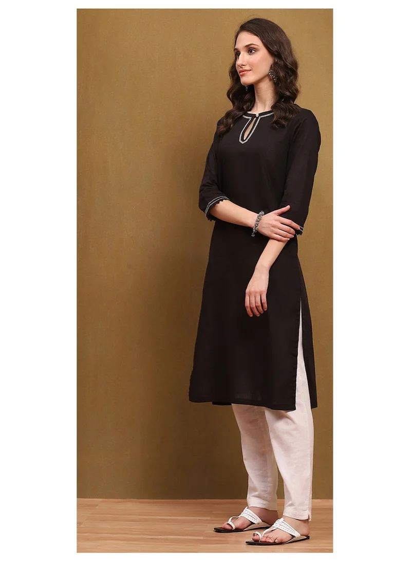 Biba black Black Cotton Blend Solid Straight Kurta for Women | Best Price UAE