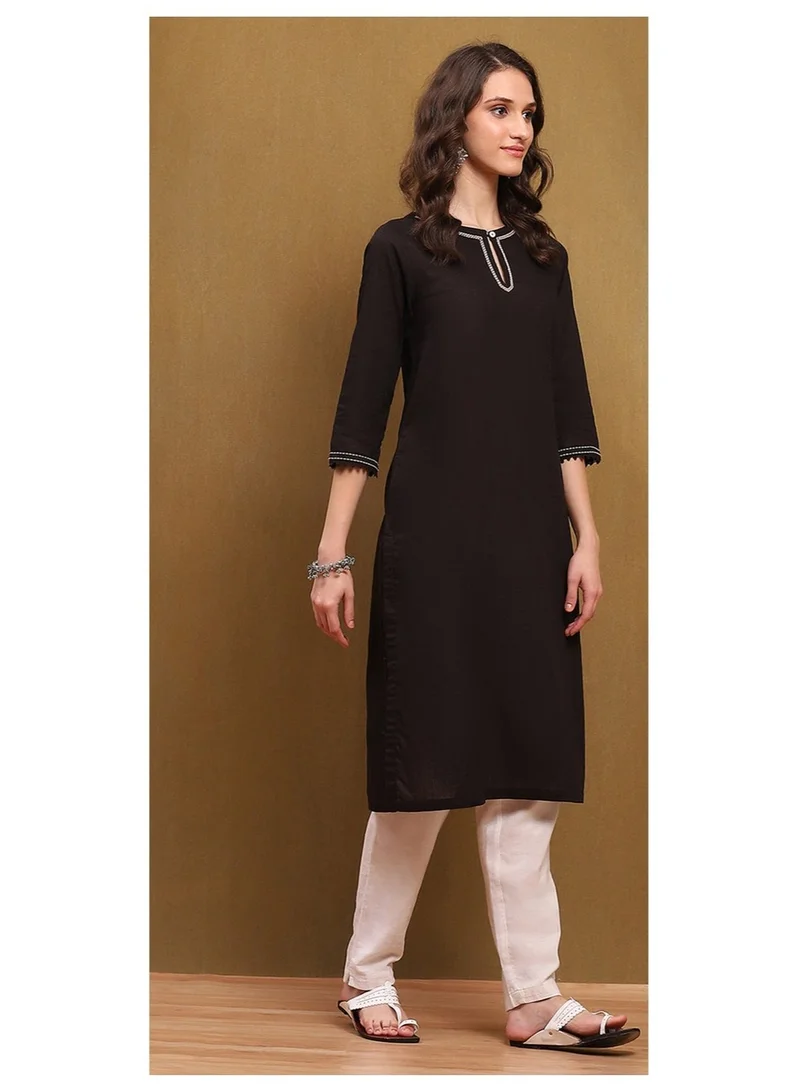Biba black Black Cotton Blend Solid Straight Kurta for Women | Best Price UAE
