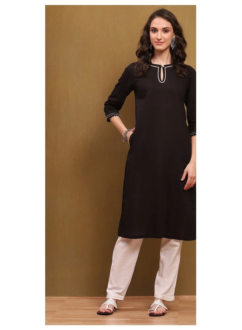 Biba black Black Cotton Blend Solid Straight Kurta for Women | Best Price UAE