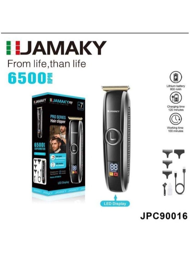 JAMAKY Italy Jamaki Professional Hair Clipper, Precision Hair Trimmer with LED Display and Long Battery Life, JPC 90016 High Quality Stainless Steel Blades Adjustable Handle and Push Switch (Italian) 