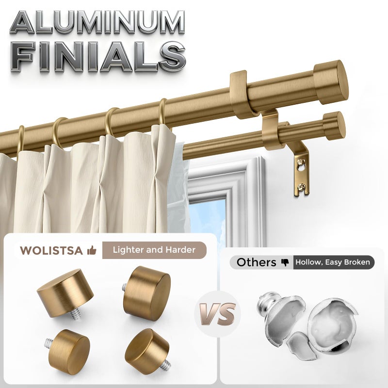 Wolistsa Warm Gold Double Curtain Rod, Brass Dual Curtain Rods for Windows 36 to 72 Inch, 1 Inch Adjustable Heavy Duty Spliced Double Rod, Pro-Plating Process, Aluminium Finials - Image 2