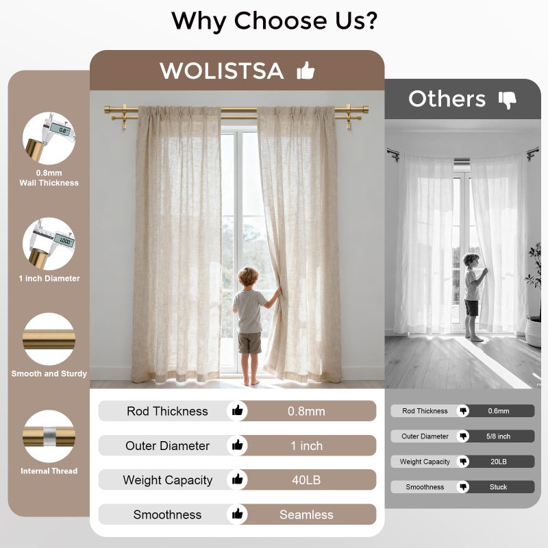 Wolistsa Warm Gold Double Curtain Rod, Brass Dual Curtain Rods for Windows 36 to 72 Inch, 1 Inch Adjustable Heavy Duty Spliced Double Rod, Pro-Plating Process, Aluminium Finials - Image 4