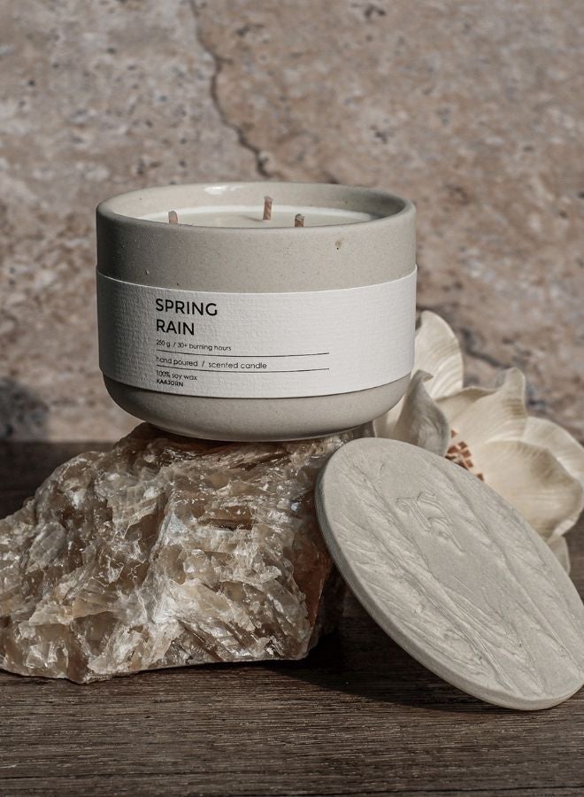 FARIDA NATURAL Serene & Comforting Aroma Scented Candle – 100% Soy Wax, Handmade in Thailand using natural products, 3-Wick, 250g, 30+ Hour Burn – Eco-Conscious Gift "Spring Rain" by Kaajorn. - Image 3