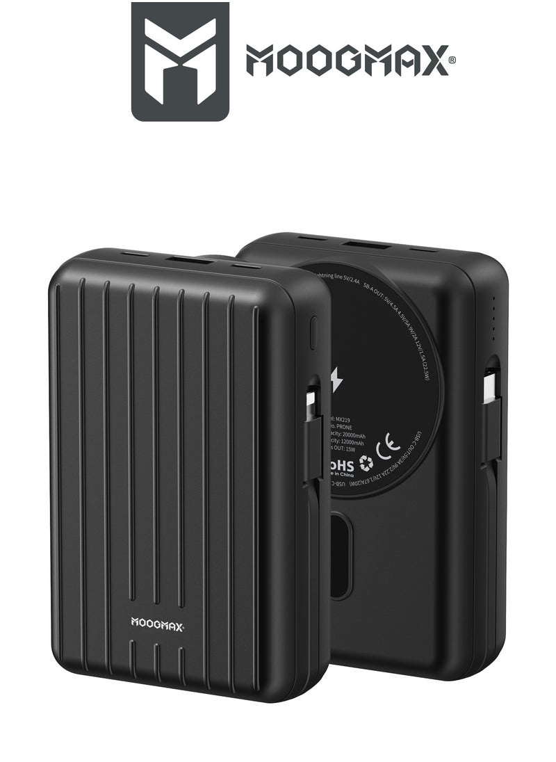 MOOGMAX - 20000mAh Trunk series magnetic wireless power bank  22.5W super-charging, two built-in cables with 15W wireless charging, 3 external ports 1 Type-C and 1 Type-A, and a Lightning port. black - Image 1