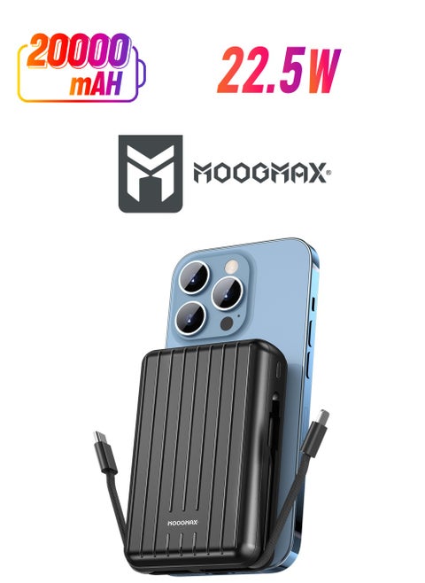 20000mAh Trunk series magnetic wireless power bank  22.5W super-charging, two built-in cables with 15W wireless charging, 3 external ports 1 Type-C and 1 Type-A, and a Lightning port. black