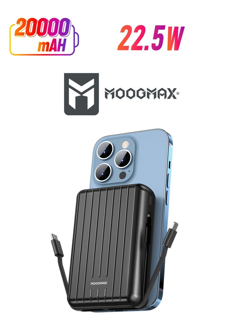 MOOGMAX - 20000mAh Trunk series magnetic wireless power bank  22.5W super-charging, two built-in cables with 15W wireless charging, 3 external ports 1 Type-C and 1 Type-A, and a Lightning port. black - Image 1