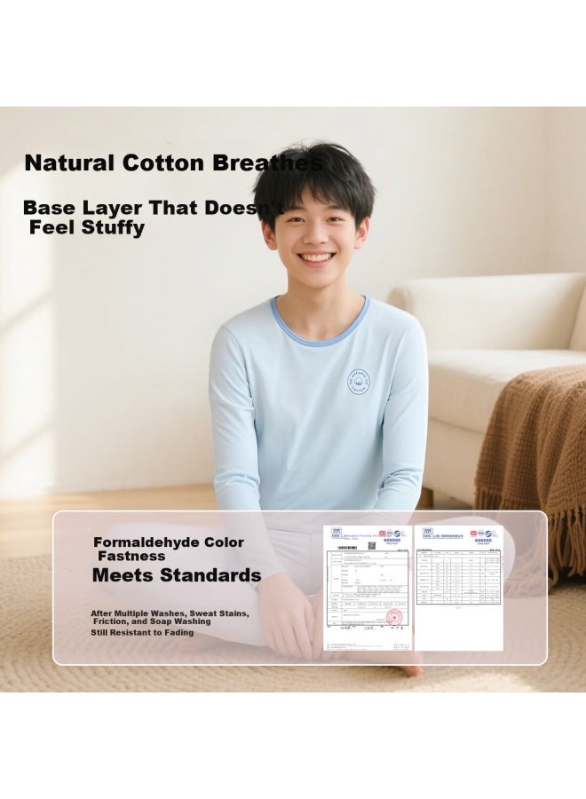 Dingguagua Youth Cotton Thermal Underwear Set Boys Teen Long Johns Sleepwear Light Blue 140