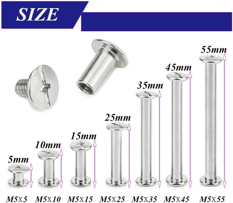 Socell 130pcs Phillips Chicago Screw Binding Screws Posts Assortment Kit for Scrapbook Photo Albums Craft and DIY Leather Decoration Bookbinding(M5 x 5/10/15/25/35/45/55) - Image 2